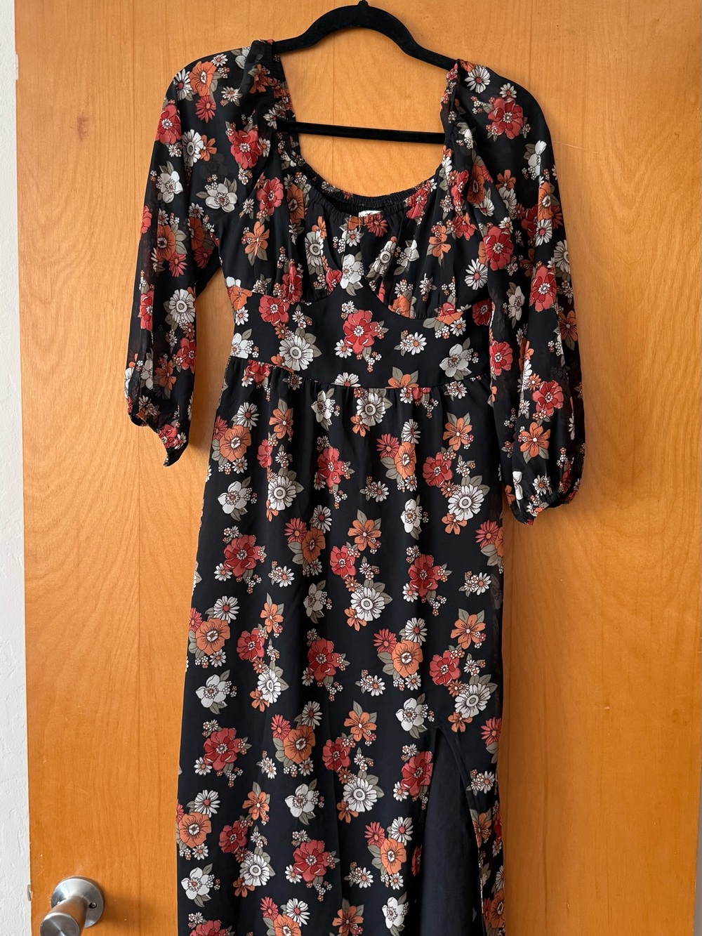 Women's Black Floral midi Dress with Red & Cream Flowers